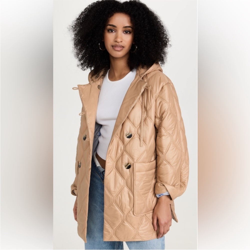 Ganni Hooded Tan Quilted Puffer Jacket